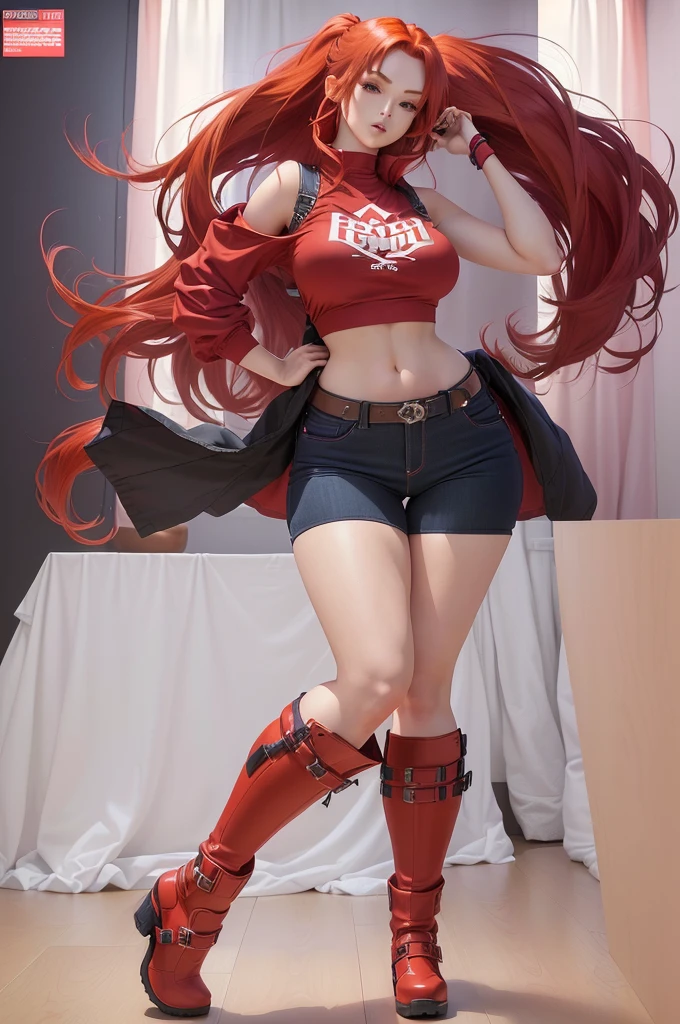 anime girl with red hair and red boots posing in a room, photorealistic perfect body, highly detailed giantess shot, thighs close up, realistic shaded perfect body, accentuated hips, hand on hips, black extremely tight jeans, middle shot waist up, she is dancing. realistic, waist - shot, thighs focus, 4k], 4 k ]
