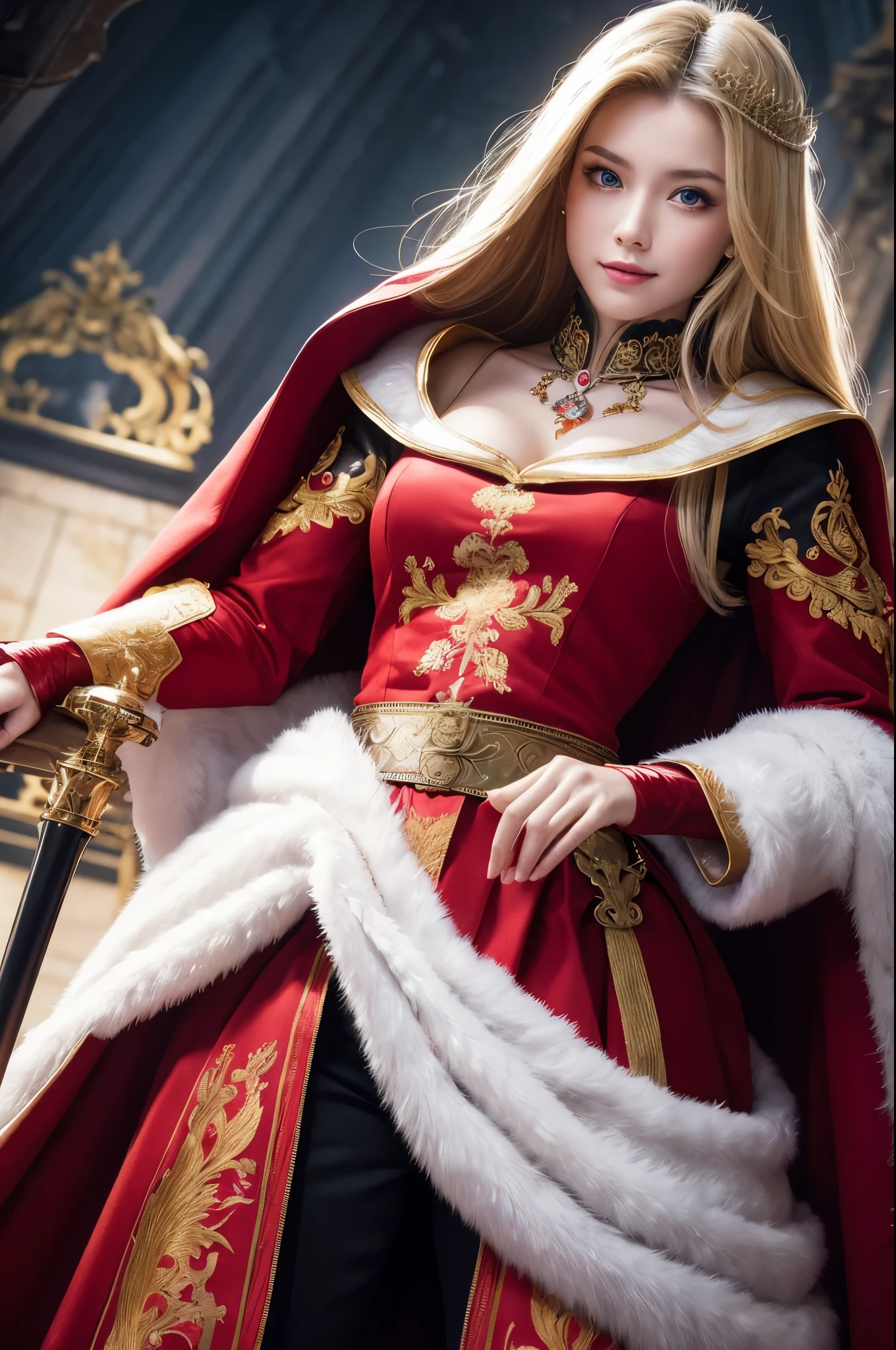 A close up of a woman in a red dress and a white cape - SeaArt AI