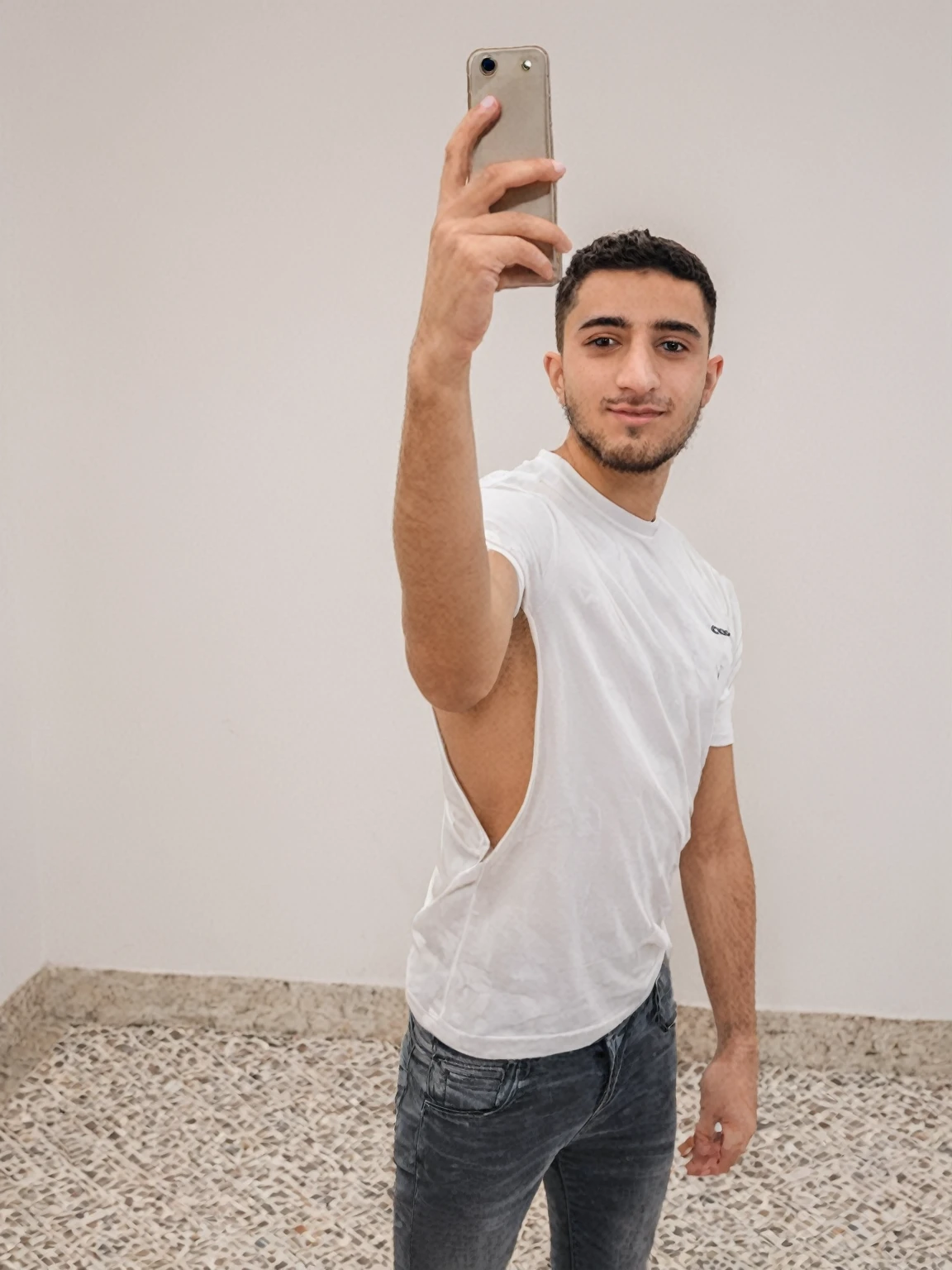 there is a man taking selfie  that is standing in a room with his hand up, ismail, 2 , 2 2 years oldg, 21 years old, 8k selfie photograph, young greek man, , 18 years old, headshot profile picture, 2 4 years old, mohamed cnassour, h his palm raised