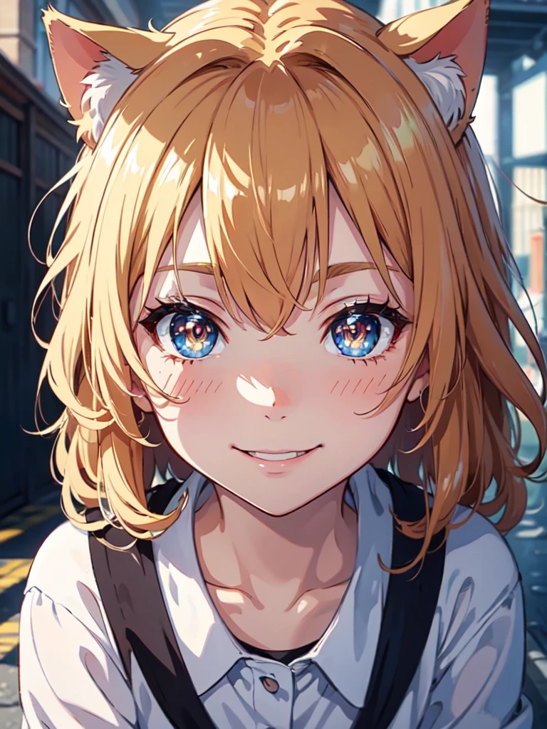 hair over shoulder, wavy hair, hair strand, shiny hair, blonde hair, eye reflection, glowing eyes, slit pupils, amber eyes, cat ears, smile, blush, glint, happy, anime, anime style, En plein air, high detail, cinematic lighting, ray tracing, reflection light, masterpiece, accurate, anatomically correct, super detail, high details, high quality, best quality, highres, 4K
