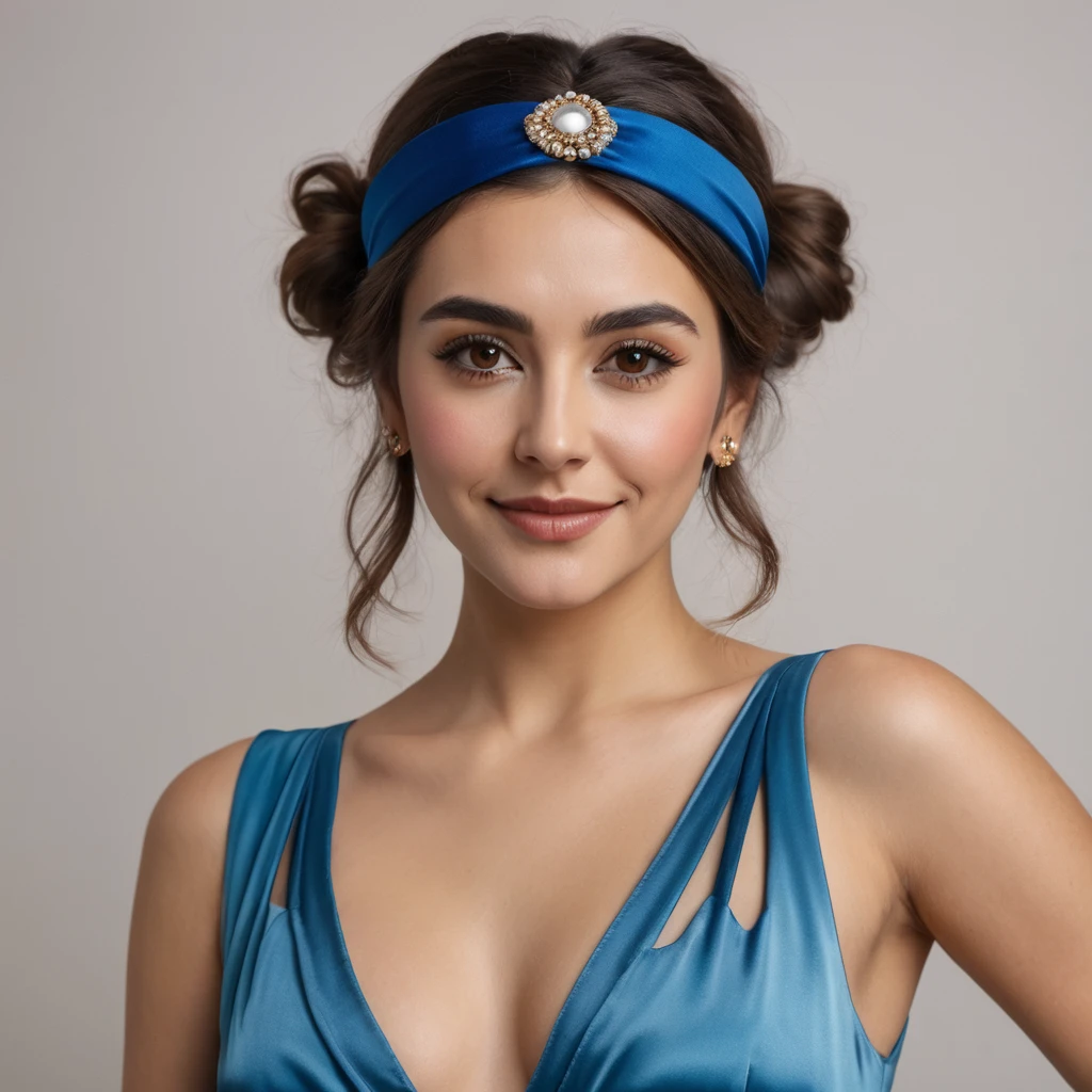 precise portrait, bearded woman with well-trimmed hairy and shaggy beard, mid-length brown hair with a headband, cute and naughty brown eyes, blue dancer's dress