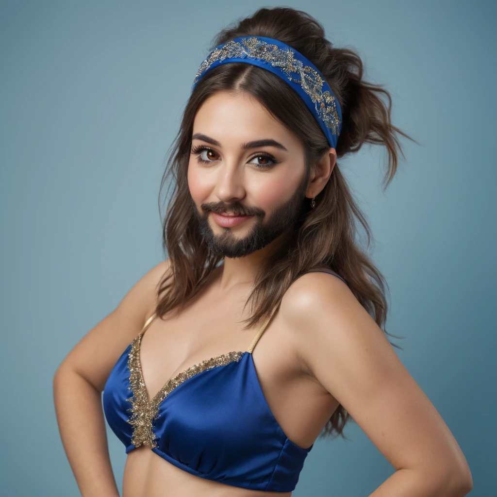 precise portrait, bearded woman with well-trimmed hairy and shaggy beard, mid-length brown hair with a headband, cute and naughty brown eyes, blue dancer's dress