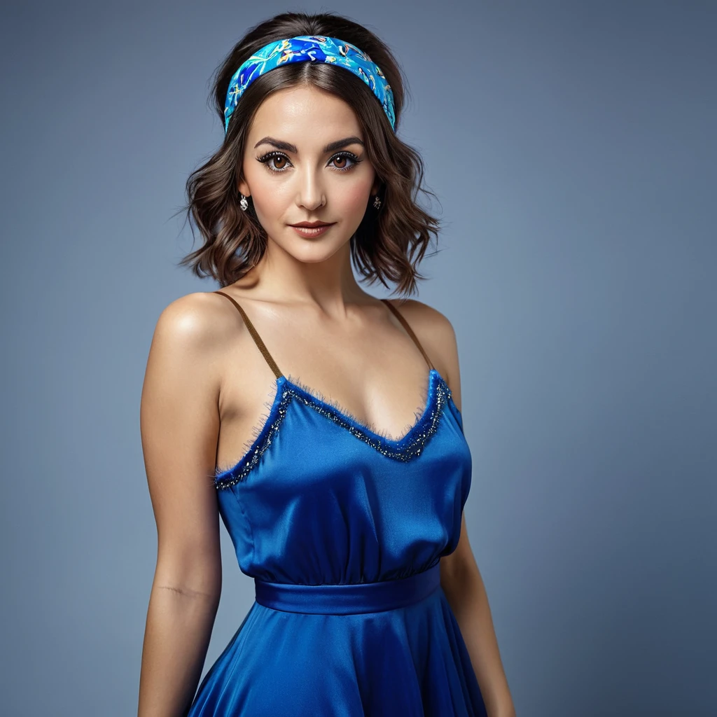 precise portrait, bearded woman with well-trimmed hairy and shaggy beard, mid-length brown hair with a headband, cute and naughty brown eyes, blue dancer's dress