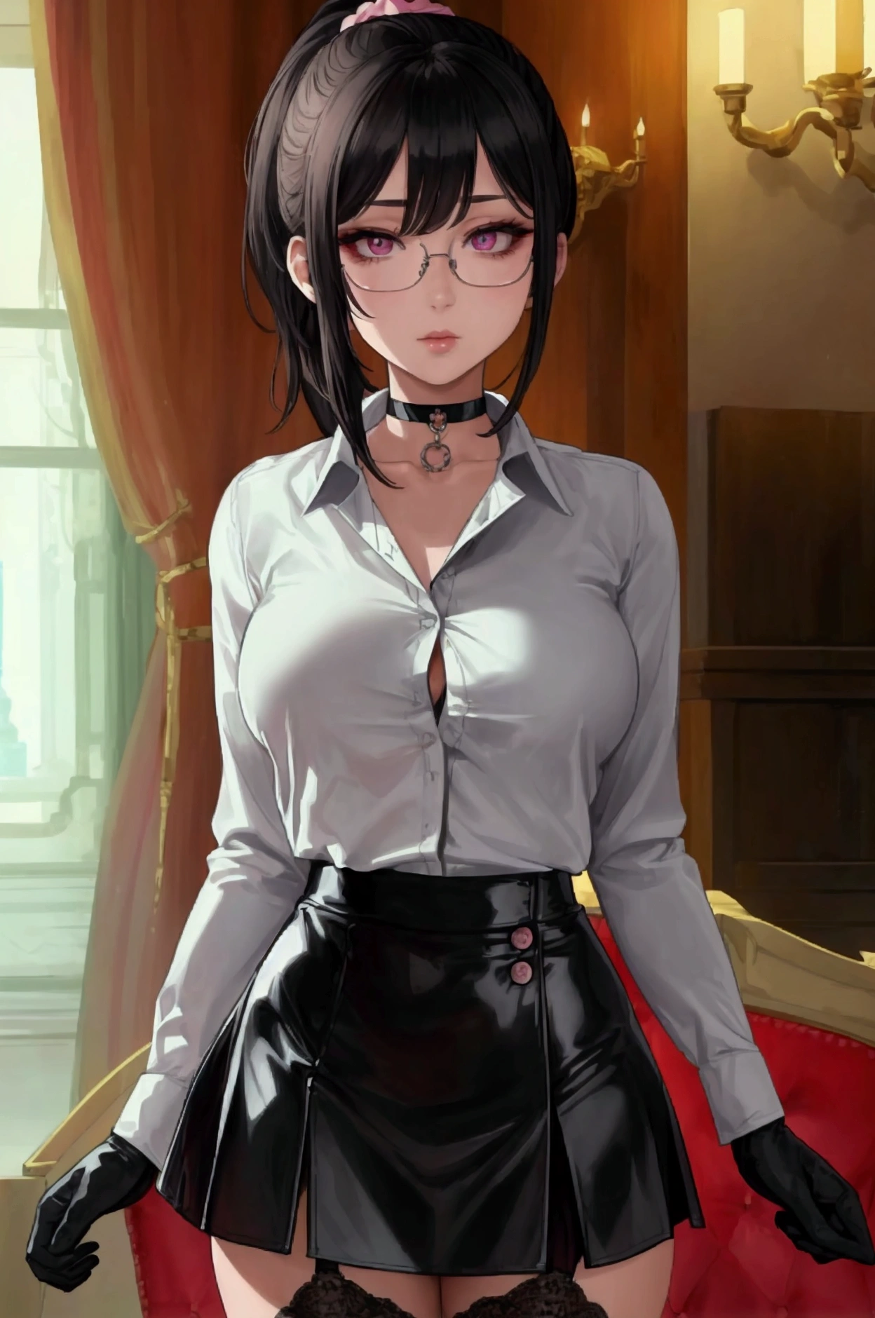 Masterpiece, Beautiful art, professional artist, 8k, Very detailed face, Detailed clothing, detailed fabric, 1 girl, View from the front, standing, crossed arms, pose sexy, BIG BREASTS, perfectly drawn body, shy expression, pale skin, beautiful face, black hair short ponytail, 4k eyes, very detailed eyes, pink cheeks, glasses, choker:1.6, (white long sleeve button down shirt with white collar), black gloves, gloves that cover hands, (shiny black tight mini skirt), Sensual Lips, show details in the eyes, Elegant living room, At night