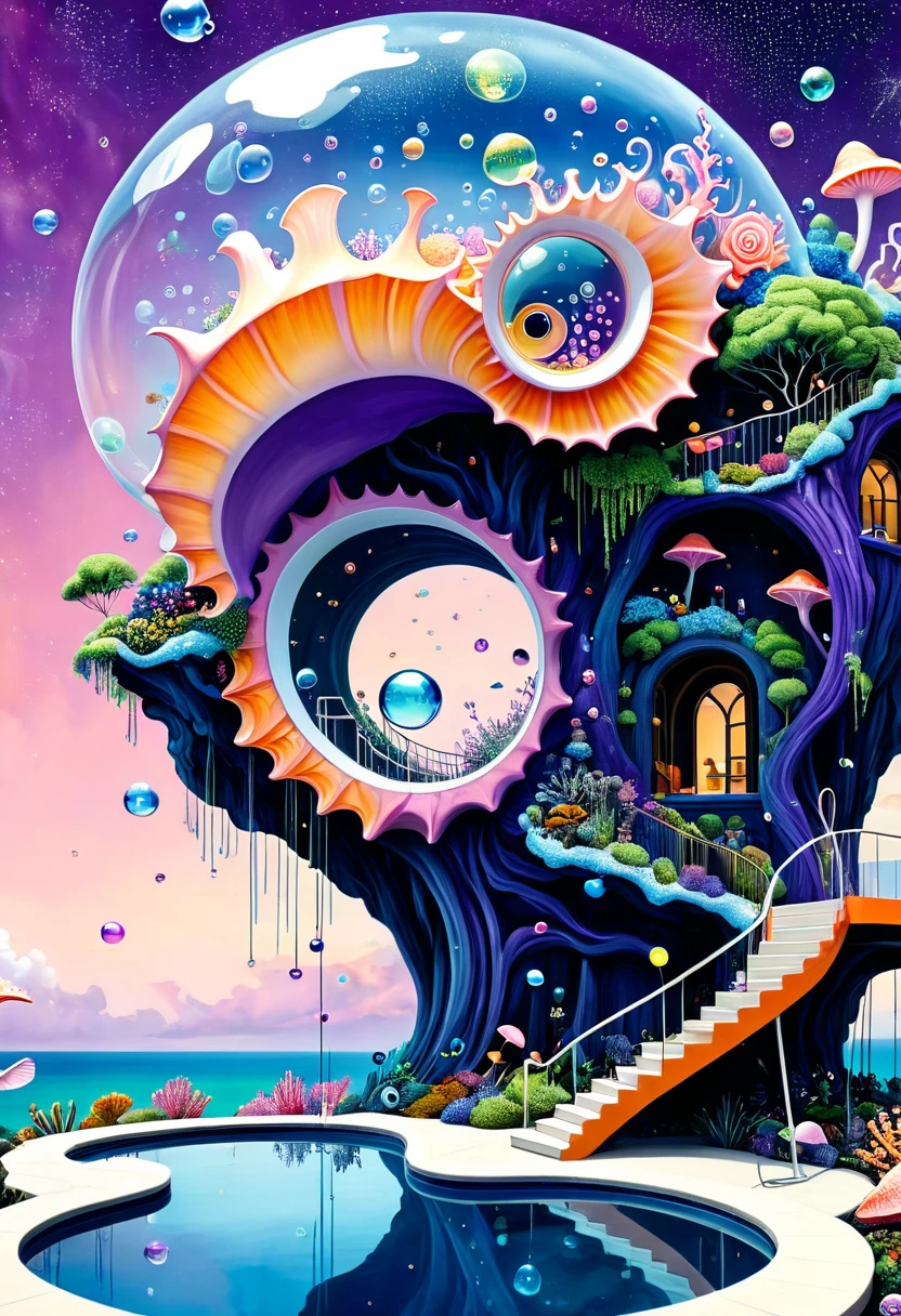 &quot;Dick Ellescas Artist Style&quot;,3D transparent conch swimming pool in the sky，沐浴的章fish，Platform、Swimming ring、Starry Sky、cloud，fish、Tentacles、bird、Eye、Soap bubbles，diatom，Spiral Staircase，People silhouette、Stitching together an abstract painting，Describing the inner world of autistic people，Sense of space，White Space，interesting，Innocence，Psychedelic Art，Dense pointillism，Pink theme，Bold contrasts，Purple and Orange
