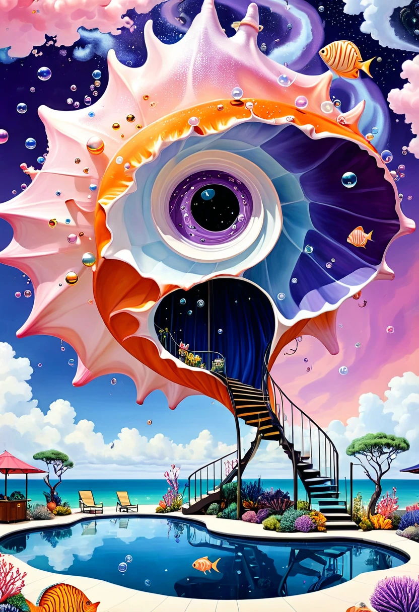 "Dick Ellescas Artist Style",3D transparent conch swimming pool in the sky,沐浴的章fish,Platform、Swimming ring、Starry Sky、cloud,fish、Tentacles、bird、Eye、Soap bubbles,diatom,Spiral Staircase,People silhouette、Stitching together an abstract painting,Describing the inner world of autistic people,Sense of space,White Space,interesting,Innocence,Psychedelic Art,Dense pointillism,Pink theme,Bold contrasts,Purple and Orange