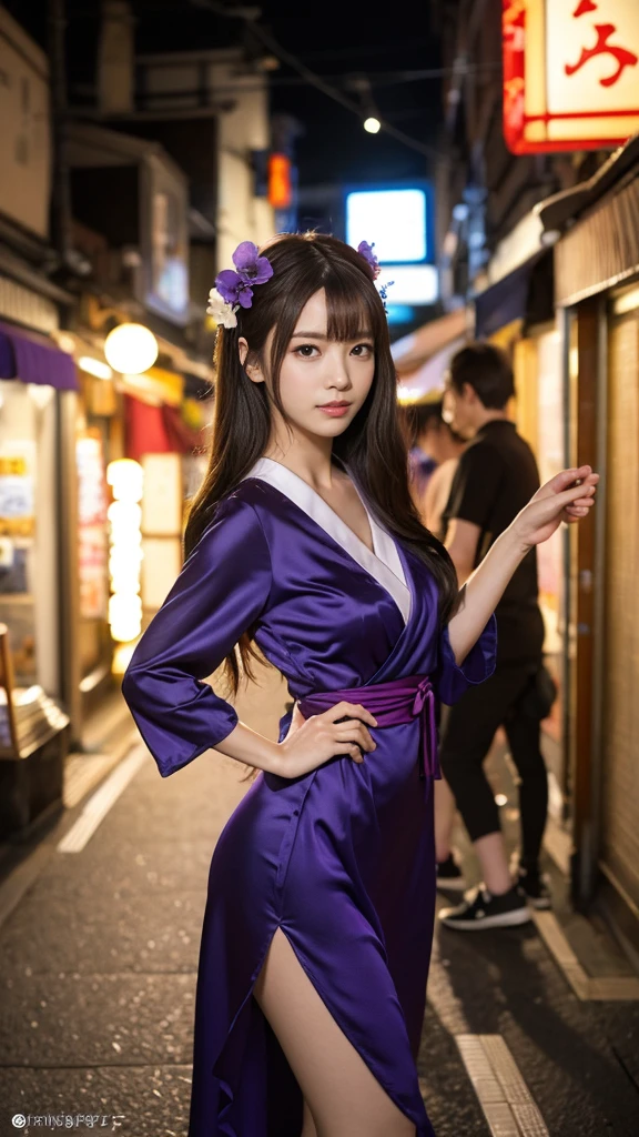 Full body, cosplay Anime girl in a purple and black dress with a purple sakura flower in her hair, artwork in the style of Gweitz, Gweitz, japanese Girl, Trending on cgstation, Cute anime in a nice dress, Gweitz on pixiv artstation, palace , Girl in Hanfu, Beautiful digital art, Gweitz on artstation pixiv, very very long brown hair rapunzel, dancing, walking, background japan city, excited