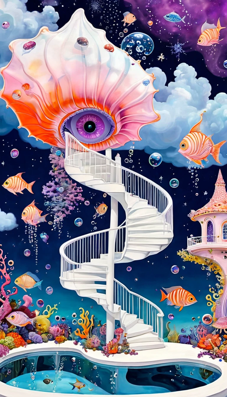 &quot;Dick Ellescas Artist Style&quot;,3D transparent conch-shaped swimming pool in the sky，沐浴的章fish，Platform、Starry Sky、cloud，fish、Tentacles、bird、Eye、Soap bubbles，diatom，Spiral Staircase，Stitching together an abstract painting，Sense of space，White Space，interesting，Innocence，Psychedelic Art，Pink theme，Bold contrasts，Purple and Orange