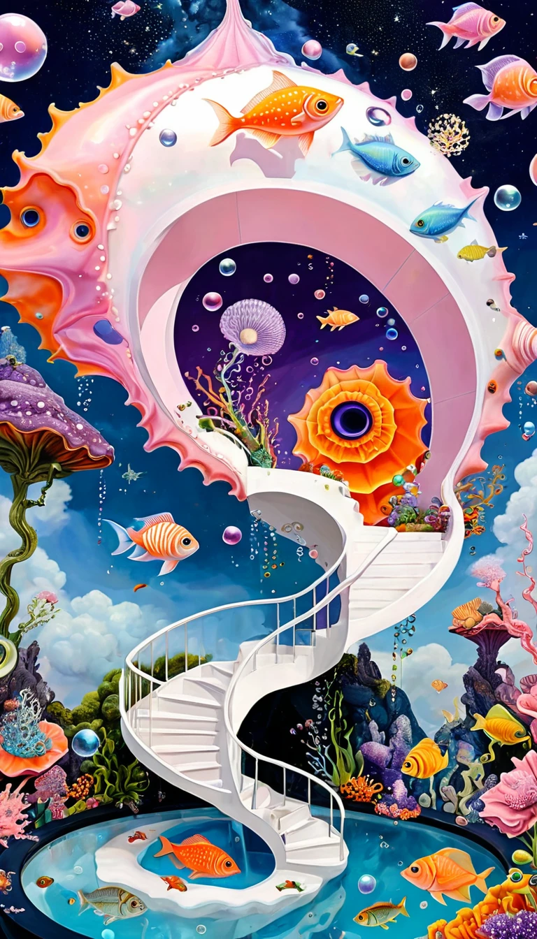 &quot;Dick Ellescas Artist Style&quot;,3D transparent conch-shaped swimming pool in the sky，沐浴的章fish，Platform、Starry Sky、cloud，fish、Tentacles、bird、Eye、Soap bubbles，diatom，Spiral Staircase，Stitching together an abstract painting，Sense of space，White Space，interesting，Innocence，Psychedelic Art，Pink theme，Bold contrasts，Purple and Orange