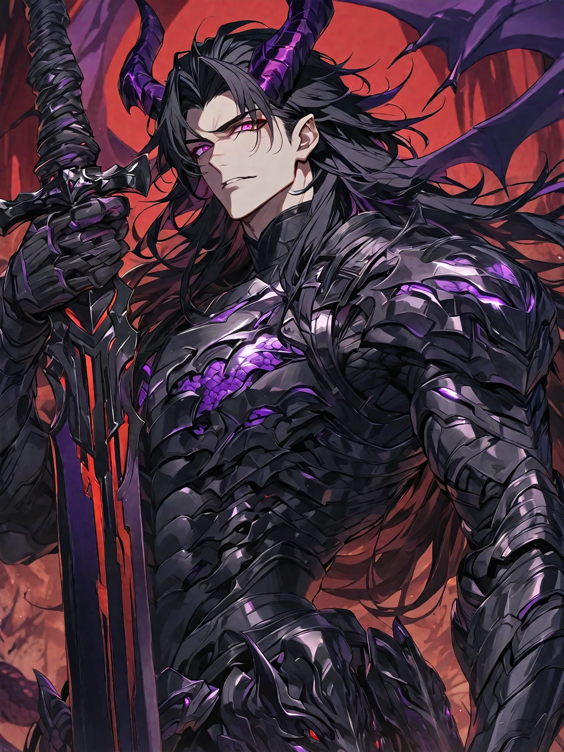 One, handsome, 1 man, with a sporty body, V-shaped body, black detailed armor with glowing purple details, black demonic horns, long hair, black hair, purple with red tones of reptile eyes, purple threads, a man has a big and long sword in his hand, Against the background of war