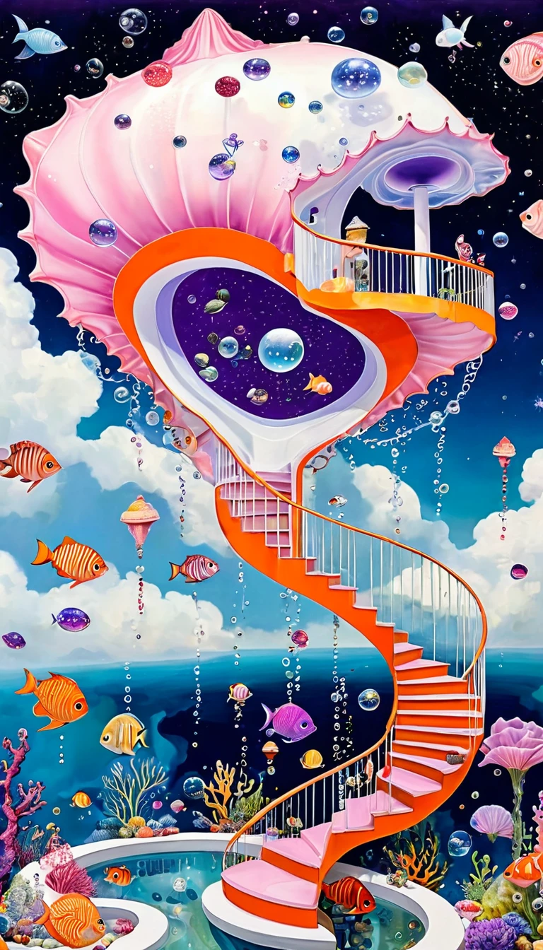 &quot;Dick Ellescas Artist Style&quot;,3D transparent conch-shaped swimming pool in the sky，沐浴的章fish，Platform、Starry Sky、cloud，fish、Tentacles、bird、Eye、Soap bubbles，diatom，Spiral Staircase，Stitching together an abstract painting，Sense of space，White Space，interesting，Innocence，Psychedelic Art，Pink theme，Bold contrasts，Purple and Orange