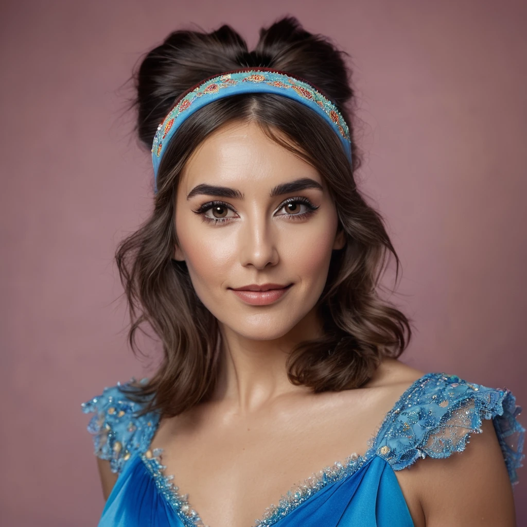 precise portrait, bearded woman with well-trimmed hairy and shaggy beard, mid-length brown hair with a headband, cute and naughty brown eyes, blue dancer's dress