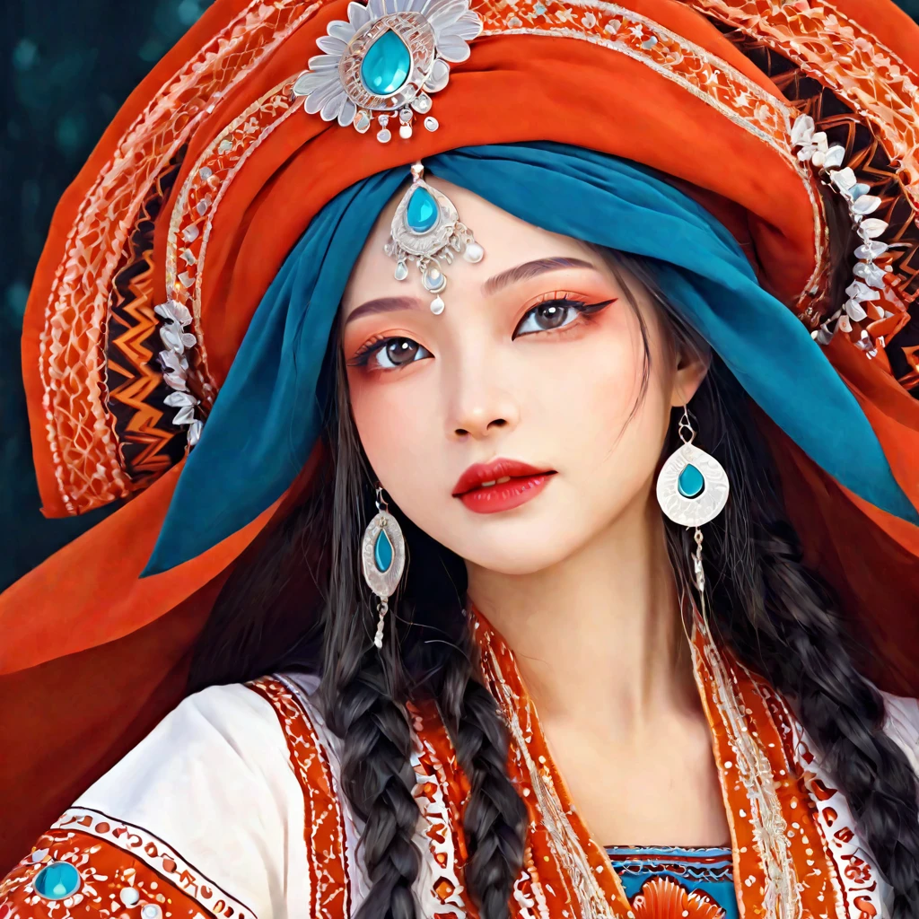 fantasy woman in folk outfit, vector graphics, strong contours
