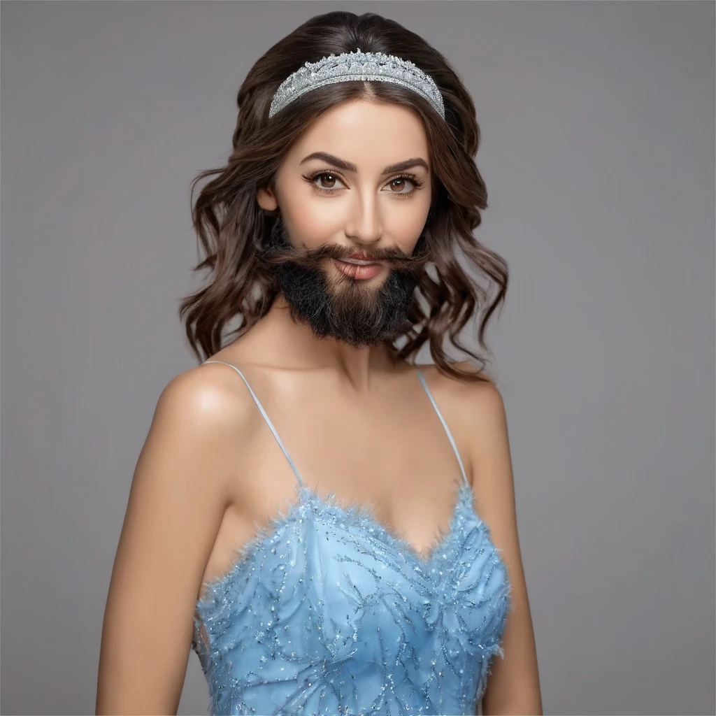 precise portrait, bearded woman with well-trimmed hairy and shaggy beard, mid-length brown hair with a headband, cute and naughty brown eyes, blue dancer's dress