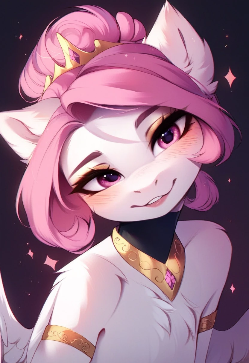 check_9, check_8_up, check_7_up, source_fluffy, rating_safe, from Magnaluna, Celestia poses seductively in a white bedroom, dark pink mane with gold stripes in it, hair bun with bangs, pink eyes, white body, anthro, blushing, wearing goldern lingerie 