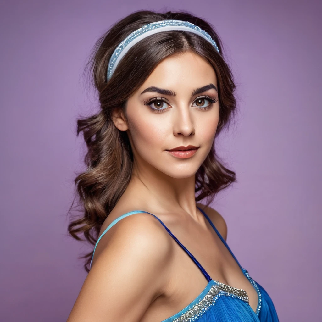 precise portrait, bearded woman with well-trimmed hairy and shaggy beard, mid-length brown hair with a headband, cute and naughty brown eyes, blue dancer's dress