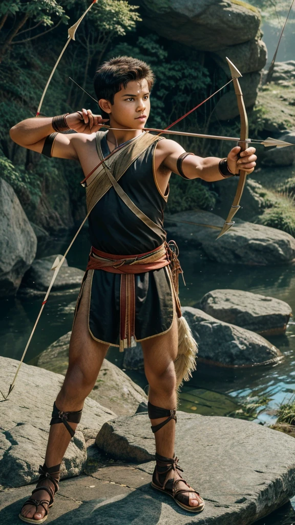 arafed image of a boy with a bow and arrows on a rock, with bow and arrow, archer boy, indian warrior, holding bow and arrow, bow and arrow, archer bow, long bow and arrows, holding a bow and arrow, mobile wallpaper, longbow, holding a longbow, amazing wallpaper, longbow arrow, pointing his bow, beautiful digital artwork, morning sunset 