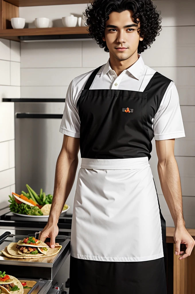 Lord in anime drawing with black polo-type clothes, curly hair, white skin in a white apron holding a taco