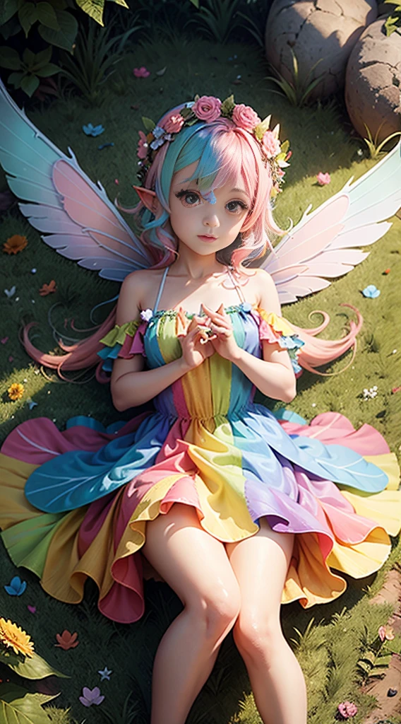 cute little fairy rainbow wings rainbow angel wings pink hair pointy ears flower crown dress made of leaves lots of flowers leaves sitting on a big leaf