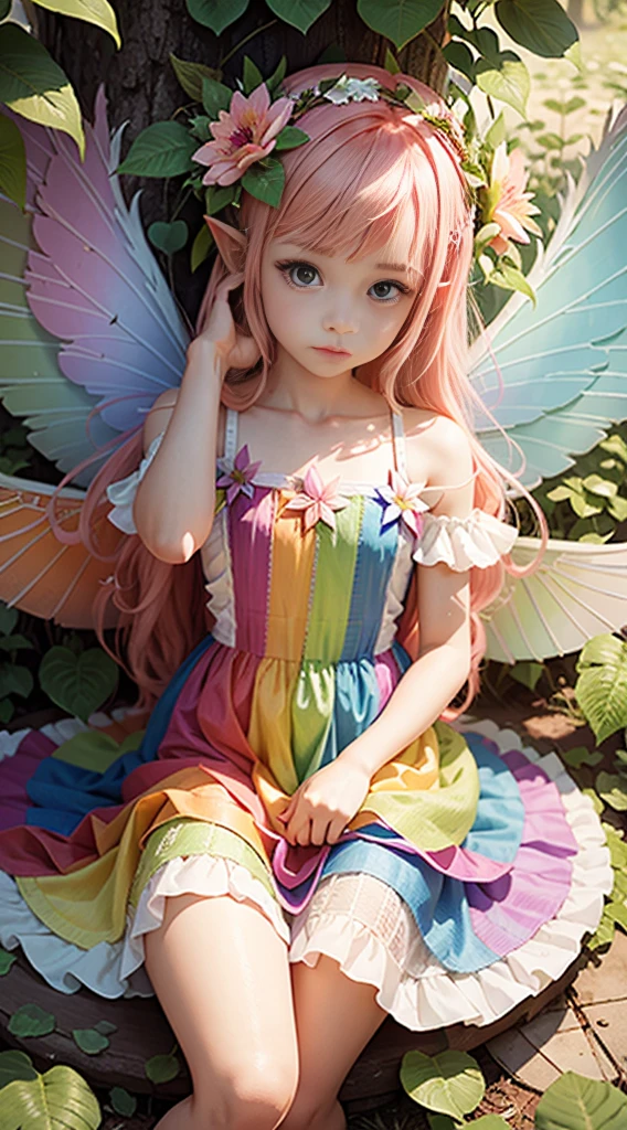 cute little fairy rainbow wings rainbow angel wings pink hair pointy ears flower crown dress made of leaves lots of flowers leaves sitting on a big leaf