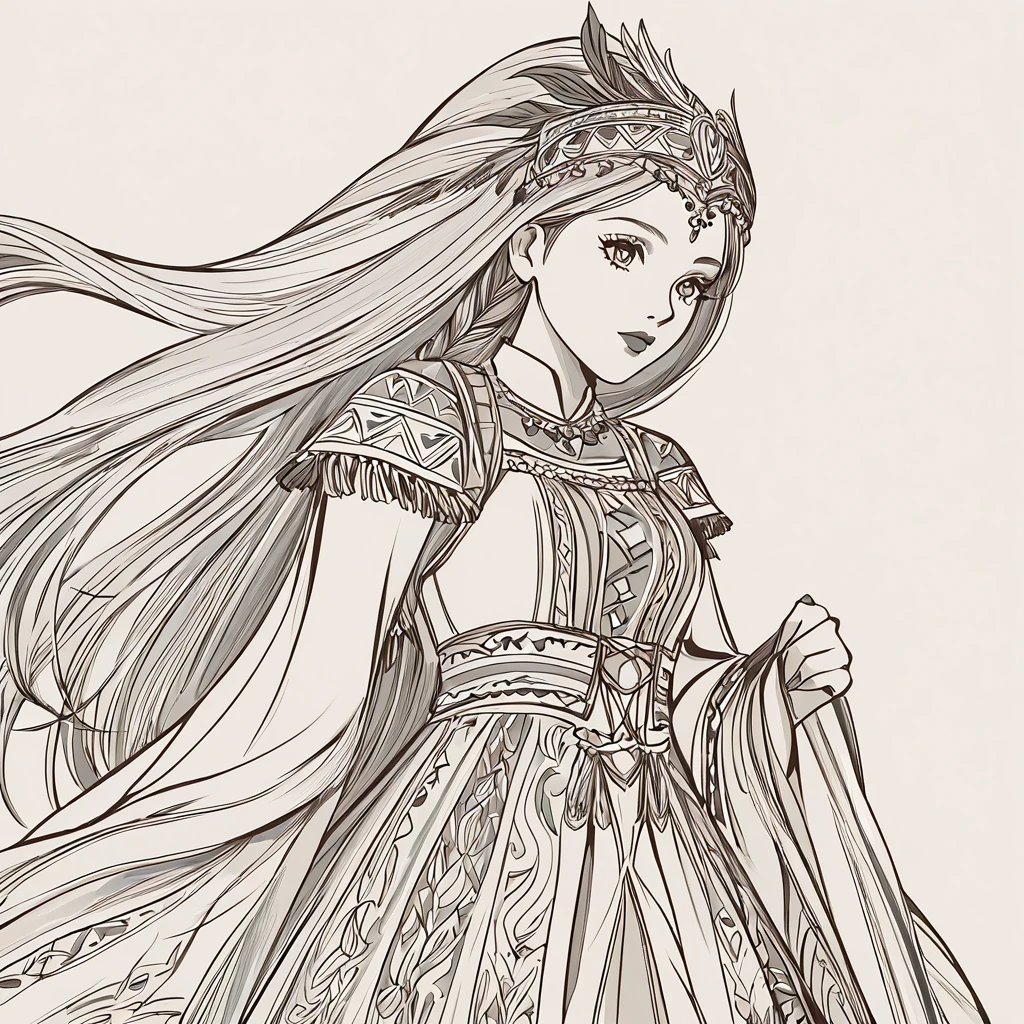 fantasy woman in folk outfit, vector graphics, strong contours