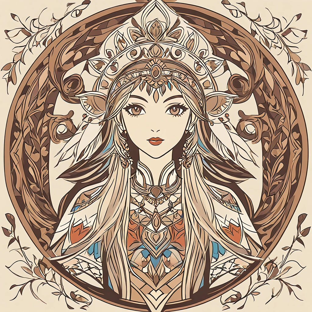 fantasy woman in folk outfit, vector graphics, strong contours