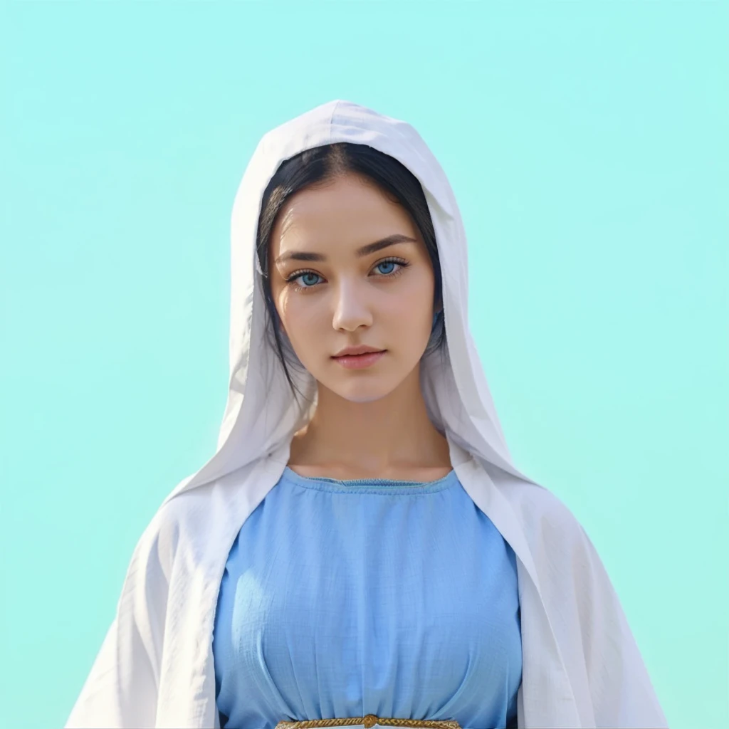 Beautiful woman with light blue eyes wearing blue tunic and white cloak, She has long black hair