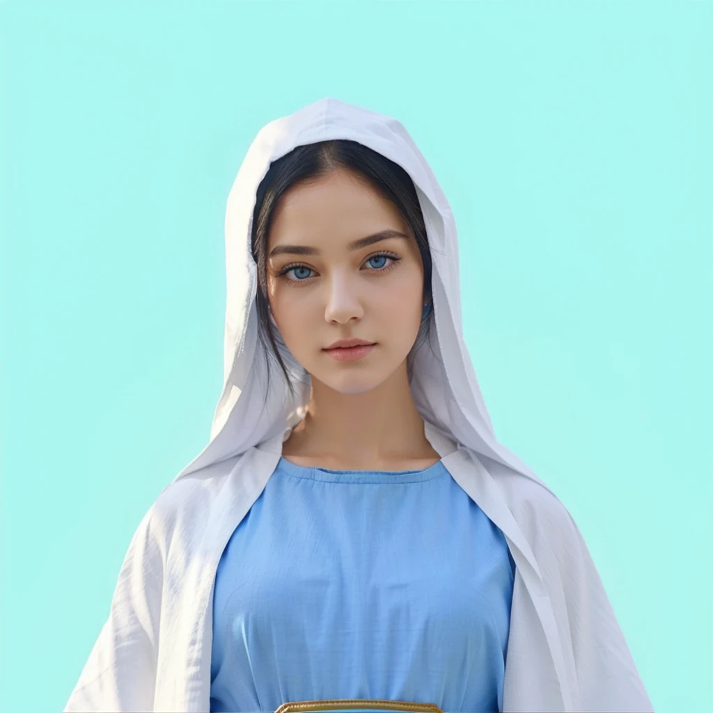 Beautiful woman with light blue eyes wearing blue tunic and white cloak, She has long black hair