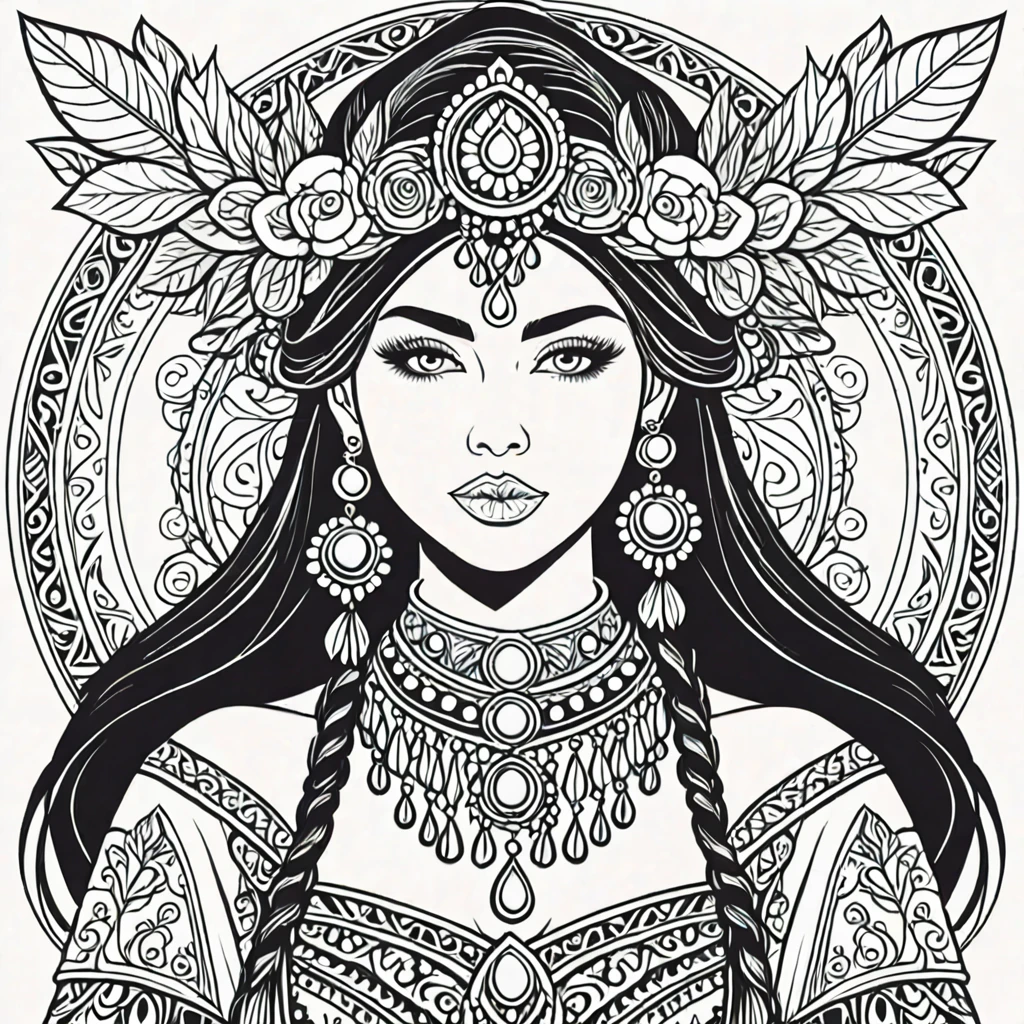 fantasy woman in folk outfit, vector graphics, strong contours