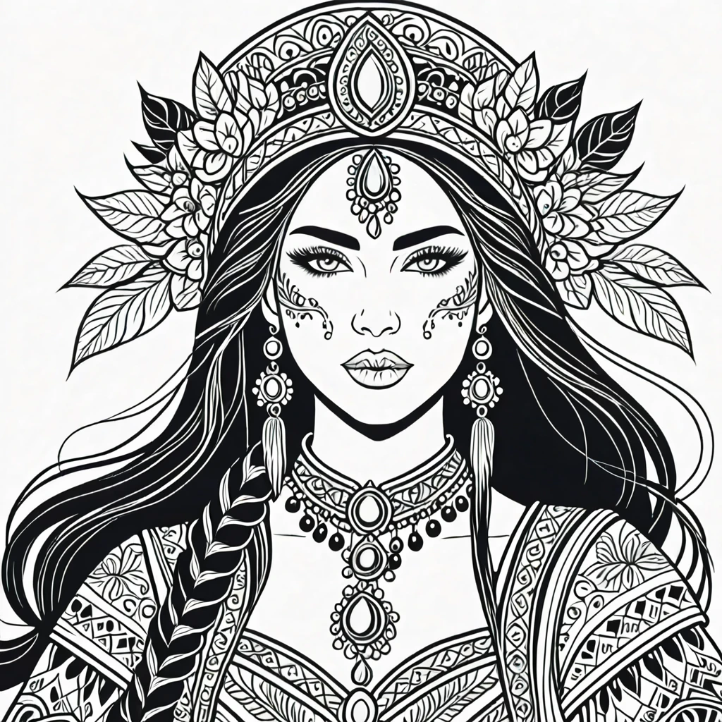 fantasy woman in folk outfit, vector graphics, strong contours