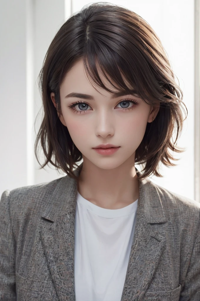 8K Ultra HD、RAWphotograph、モデルphotograph撮影、 European Fashion、(masterpiece、Highest quality、Realistic、High resolution、photograph:1.3)、close、focus on、Hot Model、slim、30 year old mature woman、Small face、No makeup、short hair、Beautiful dark brown Hayne eyes、Genuineスキン、(Perfect body)、Sexy hot face、sexual sight、slim、Tweed jacket、Long sleeve、High neck shirt、Button up,Beautiful eyes in every detail、Glossy lips、((Bright light、Dynamic Lighting、Genuine、超Genuine、 realism、Genuineなディテール、Cool Beauty、Cool pose、Background white、Plain white background