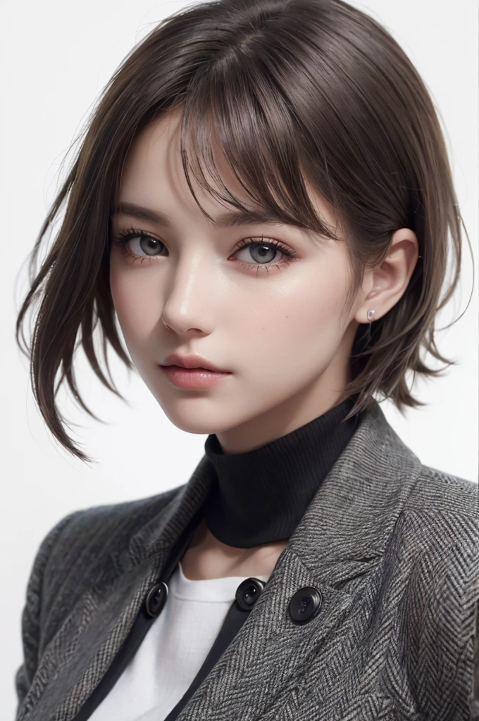 8K Ultra HD、RAWphotograph、モデルphotograph撮影、 European Fashion、(masterpiece、Highest quality、Realistic、High resolution、photograph:1.3)、close、focus on、Hot Model、slim、30 year old mature woman、Small face、No makeup、short hair、Beautiful dark brown Hayne eyes、Genuineスキン、(Perfect body)、Sexy hot face、sexual sight、slim、Tweed jacket、Long sleeve、High neck shirt、Button up,Beautiful eyes in every detail、Glossy lips、((Bright light、Dynamic Lighting、Genuine、超Genuine、 realism、Genuineなディテール、Cool Beauty、Cool pose、Background white、Plain white background