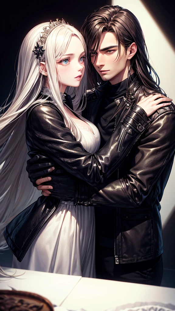 The illustration depicts a woman in a stunning white dress, flowing around her. The dress hugs her curves gently, emphasizing her elegance and grace. Her hair is loose, falling in gentle waves over her shoulders. Her face is carved into delicate strokes, with expressive eyes that reveal a mixture of determination and mystery, with a vampire leaning over the lady's neck, with sharp fangs on display. The expression on his face is intense and seductive, capturing the mysterious and dangerous nature of vampiric beings. The illustration creates a dramatic contrast between the beauty of the lady and the threat posed by the vampire, adding a layer of tension and intrigue to the horror scene --auto --s2