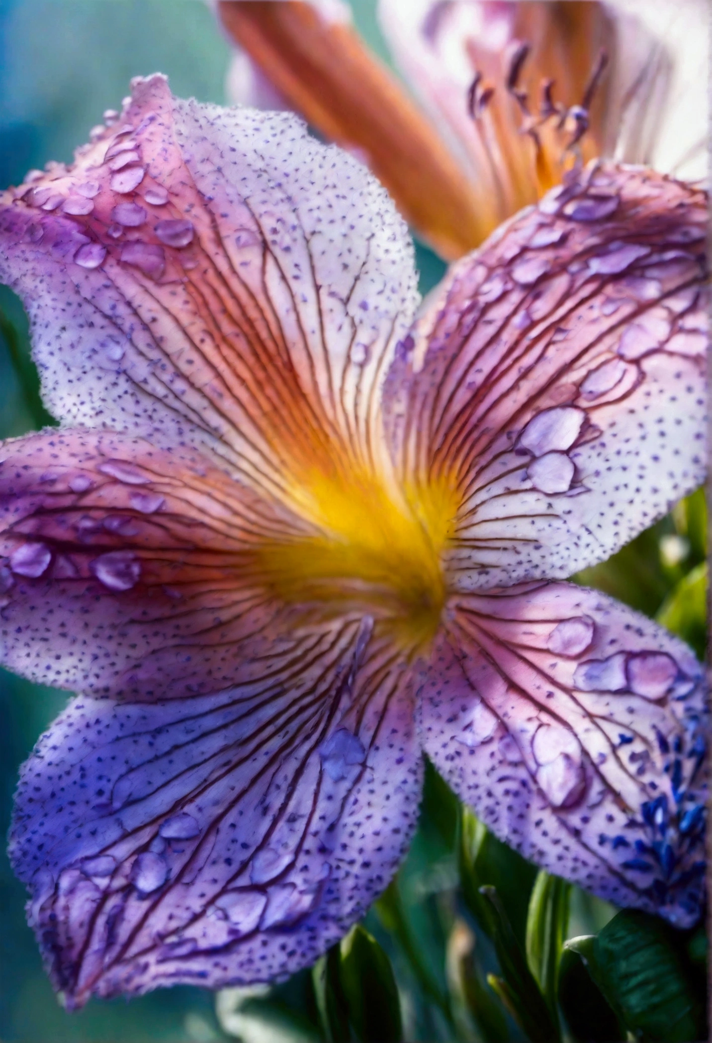 Extreme close-up of a dewy, purple petal
captured in stunning high definition macro
photography with a Canon EOS 5D Mark III,
soft morning light creating delicate bokeh in
the background, reminiscent of a romantic
Impressionist painting by Claude Monet.