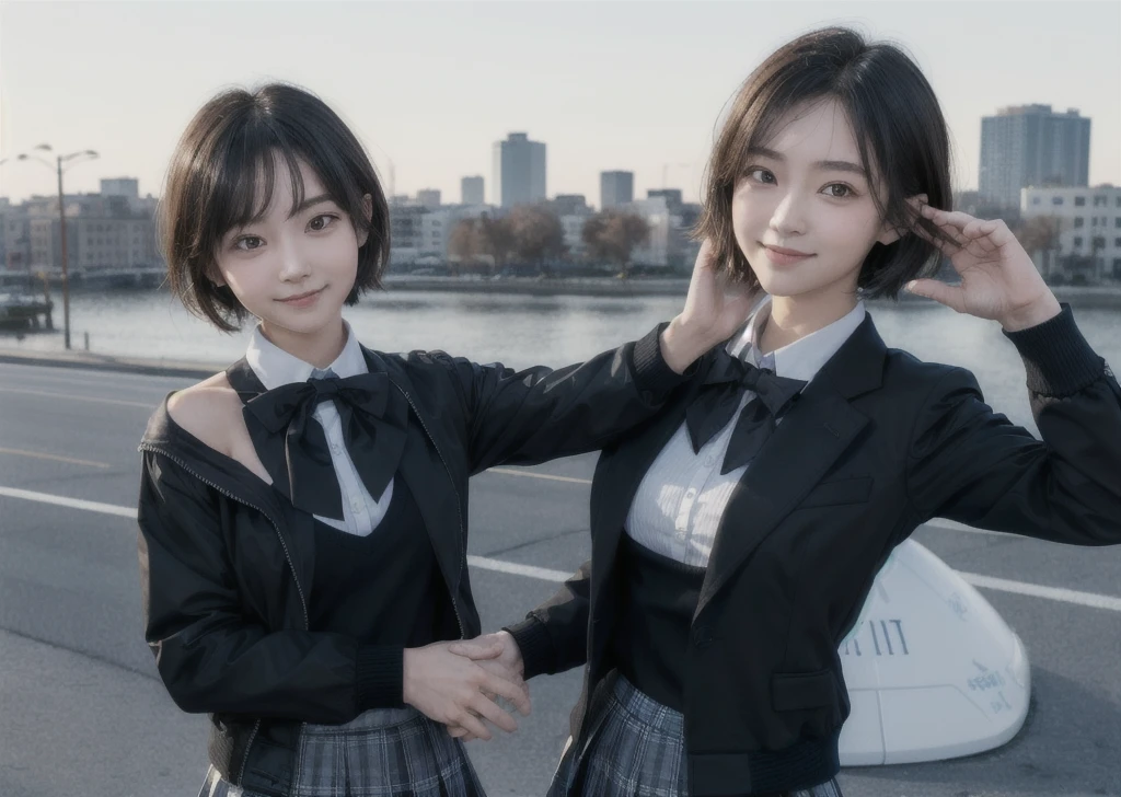 (masterpiece, best quality,extreme detAIled beautiful Eye), Optimal lighting, Perfect lighting,Look at the audience, (1 girl, Solitary,sky, City:1.3),NanasakiAI,Nanasaki_AI,
(whole body,Dynamic Angle,Dynamic poses,Smile,shining_Eye:1.2),(long_sleeve,Black_jacket,jacket,School_uniform,Gibito_High target_School_:1.2),
(short_hAIr,Large target_breast,clavicle:1.2),Black_bow tie,Black_skirt,Wrinkles_skirt,White_shirt