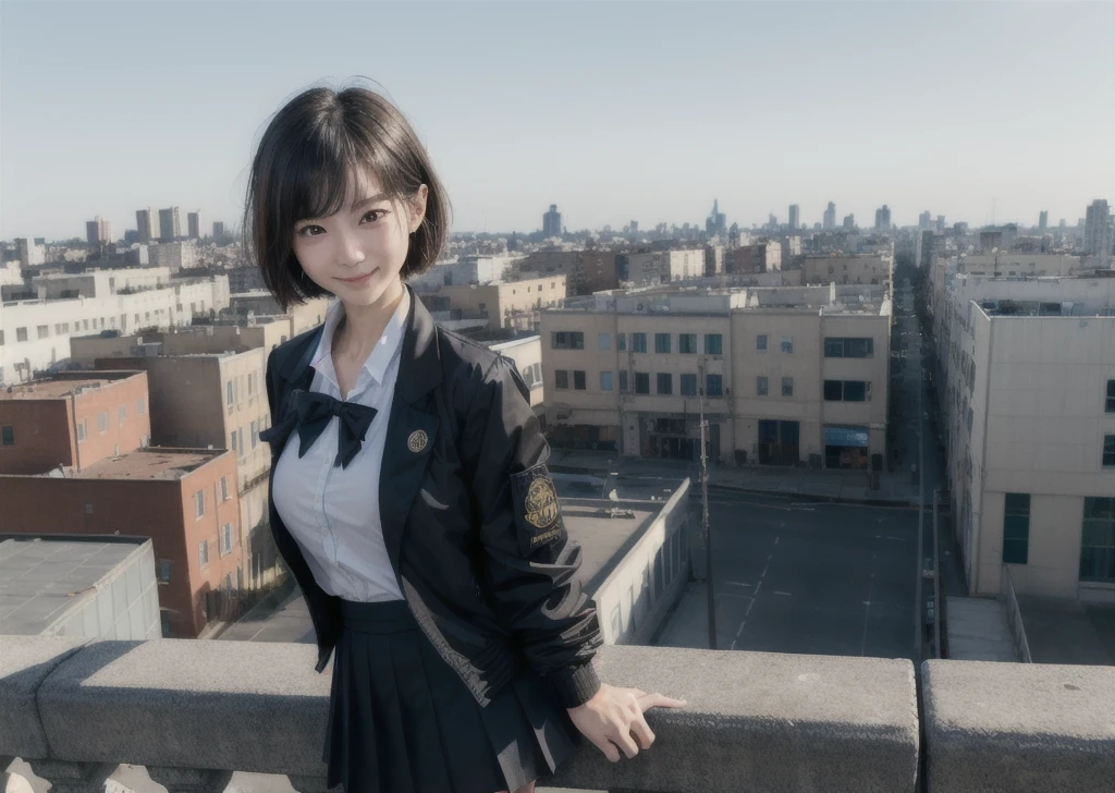 (masterpiece, best quality,extreme detAIled beautiful Eye), Optimal lighting, Perfect lighting,Look at the audience, (1 girl, Solitary,sky, City:1.3),NanasakiAI,Nanasaki_AI,
(whole body,Dynamic Angle,Dynamic poses,Smile,shining_Eye:1.2),(long_sleeve,Black_jacket,jacket,School_uniform,Gibito_High target_School_:1.2),
(short_hAIr,Large target_breast,clavicle:1.2),Black_bow tie,Black_skirt,Wrinkles_skirt,White_shirt