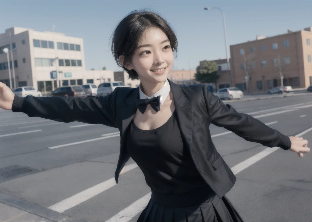 (masterpiece, best quality,extreme detAIled beautiful Eye), Optimal lighting, Perfect lighting,Look at the audience, (1 girl, Solitary,sky, City:1.3),NanasakiAI,Nanasaki_AI,
(whole body,Dynamic Angle,Dynamic poses,Smile,shining_Eye:1.2),(long_sleeve,Black_jacket,jacket,School_uniform,Gibito_High target_School_:1.2),
(short_hAIr,Large target_breast,clavicle:1.2),Black_bow tie,Black_skirt,Wrinkles_skirt,White_shirt