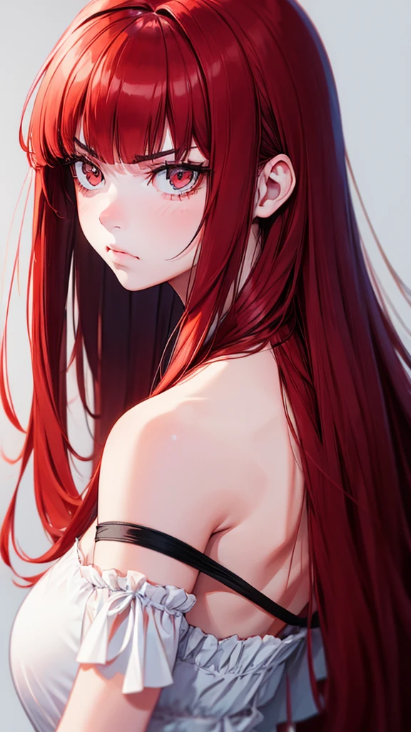 ((1_girl)), angry, portrait, centered, solo, long hair, red hair, white skin, visible shoulders, clean line