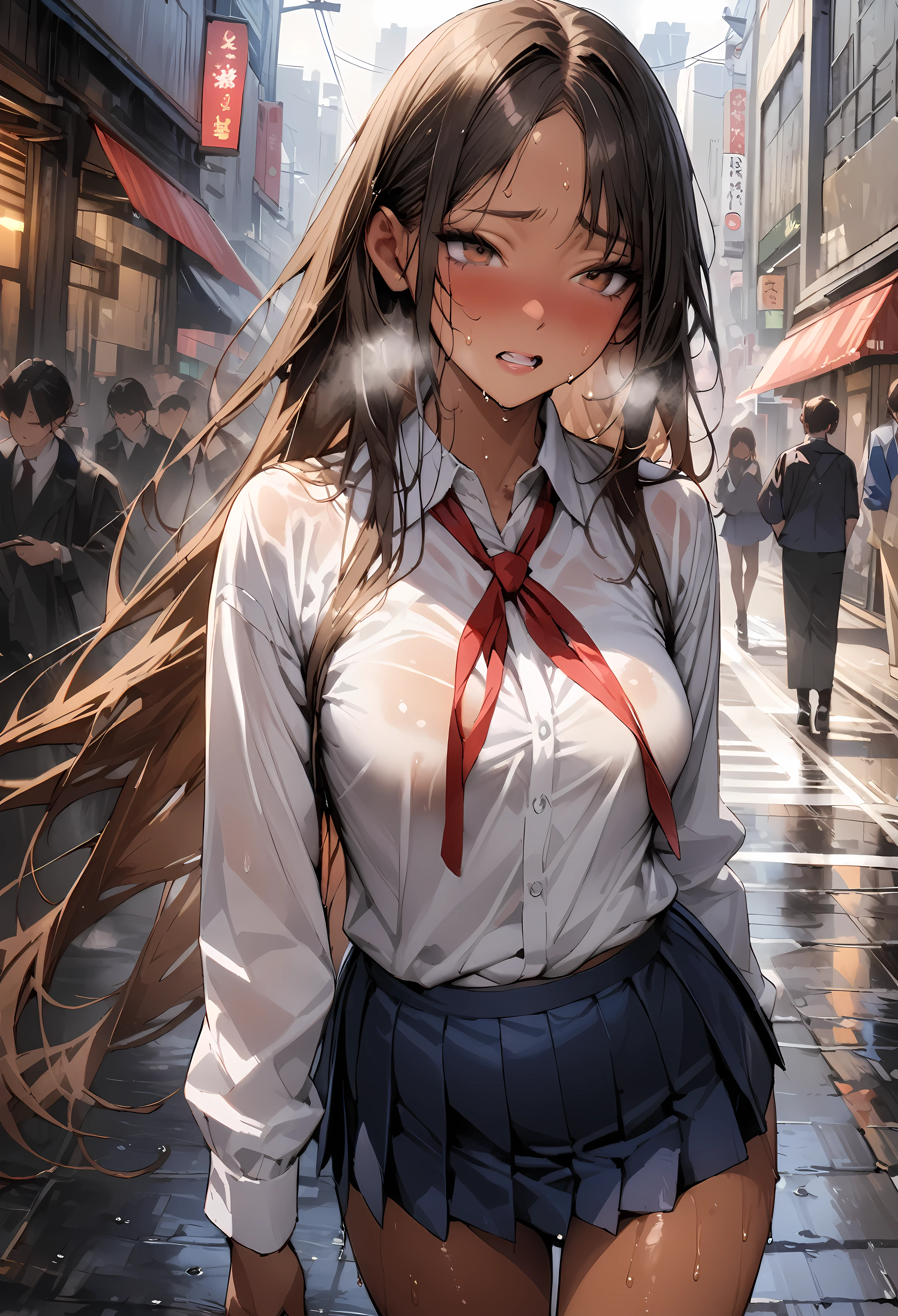 ((masterpiece,Highest quality:1.3,best quality illustration,realistic:1.3)),cowboy shot,solo,1woman,(20-year-old、Japanese Beauty)、brown hair,long hair,(center parted bangs),brown eyes,gorgeous eyes,((very small head:1.3)),shy,Heavy breathing,((very long body:1.2,skinny)),medium breasts,(tan skin:1.3),(Red ribbon tie、White collared shirt、Long sleeve navy blue pleated mini skirt),gleaming skin,toned body,slender body、Wet crotch、sweat,on street,shibuya、Modern Tokyo、