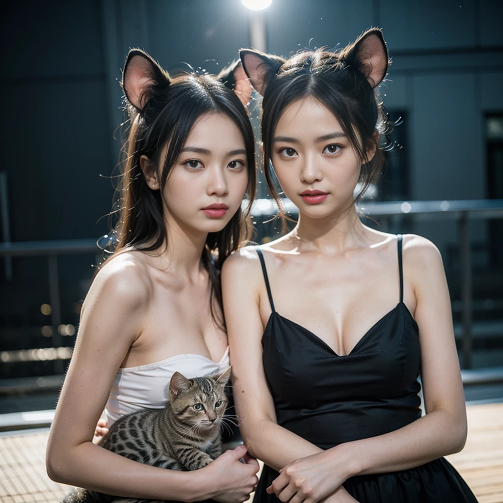 Lookbook Model, Al Art, Ultra realism, Realistic blue eyes, long black fur, Sit on the terrace with your legs crossed, smiling, Best Quality, photorealistic, 8k, high resolution, detailed skin, exposed thighs, very thin, neckline, in the park, dressed in a tight dress, elegant, tight short dress, 