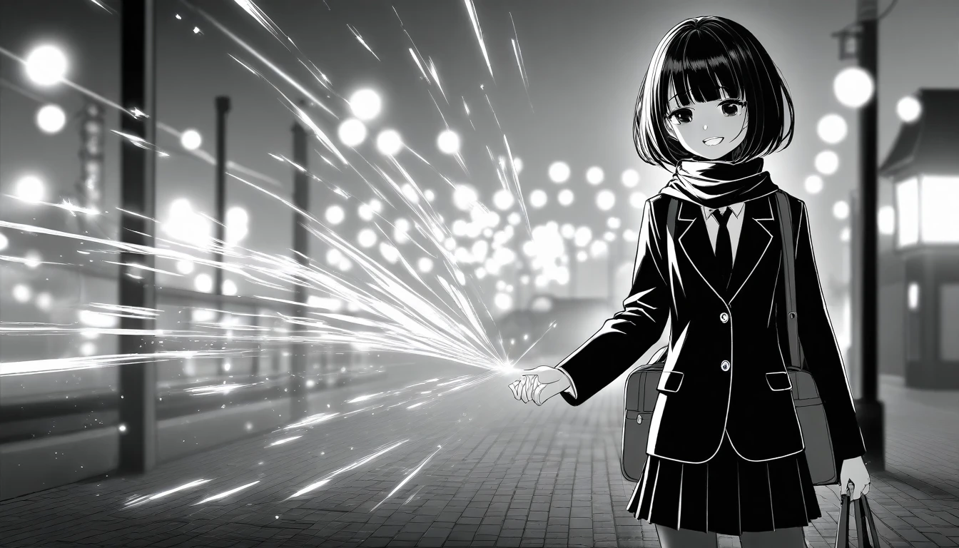 masterpiece, Highest quality, One girl, lol, grayscale, Manga Style, Japanese, chi no wadachi, Iris, street, ice, Black Hair, school bag, lol顔, Line art, Black coat, Black scarf, Black pleated skirt, leggings, Centered, 18-year-old, expensive, Fair skin, Bokeh Background, Are crying, tears, tears streaming, Bobcut, Particles of light, Centered, it&#39;s snowing, (((Hold out your left hand to the viewer, Perfect hands, Detailed hands:1.1)), Emotional anime scene
