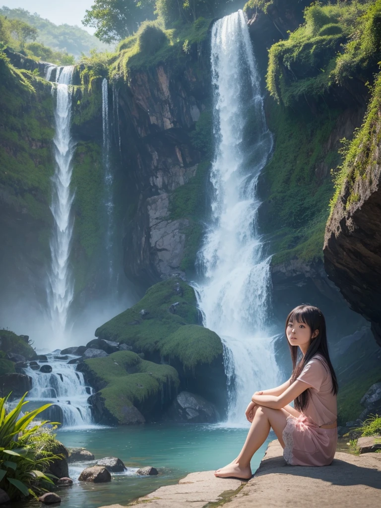 a young Chinese lady, sitting next to a waterfall looking at the horizon.