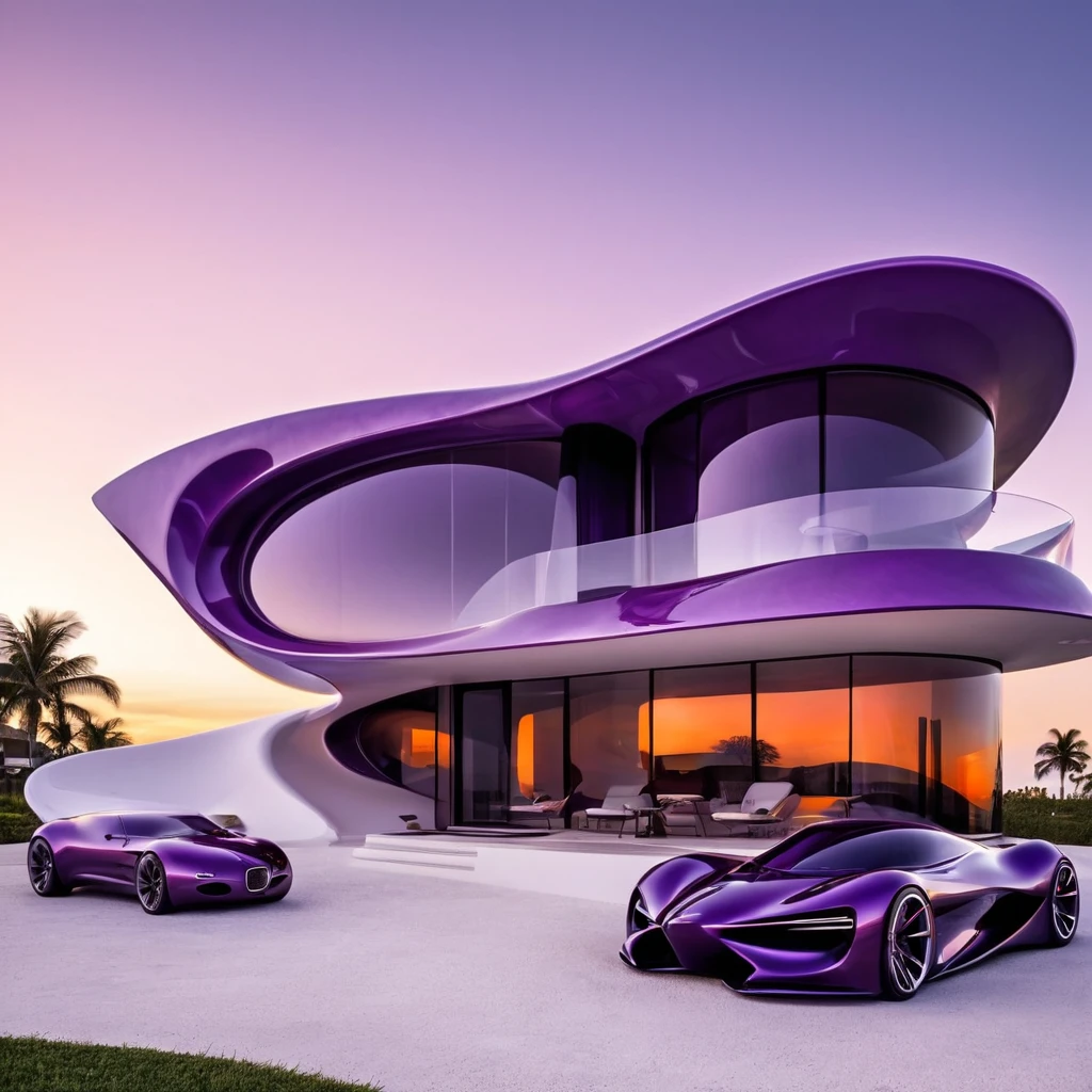 a futuristic house with a car parked in front of it, cgsocietywlop, beautiful curves, purple and orange drapes, intricate devilish designs, qualia, interesting shapes & form, wow factor, elaborate polished, architectural rendering, miami, futuristic battlefield, inspired by James E. Brewton, precise architectural rendering