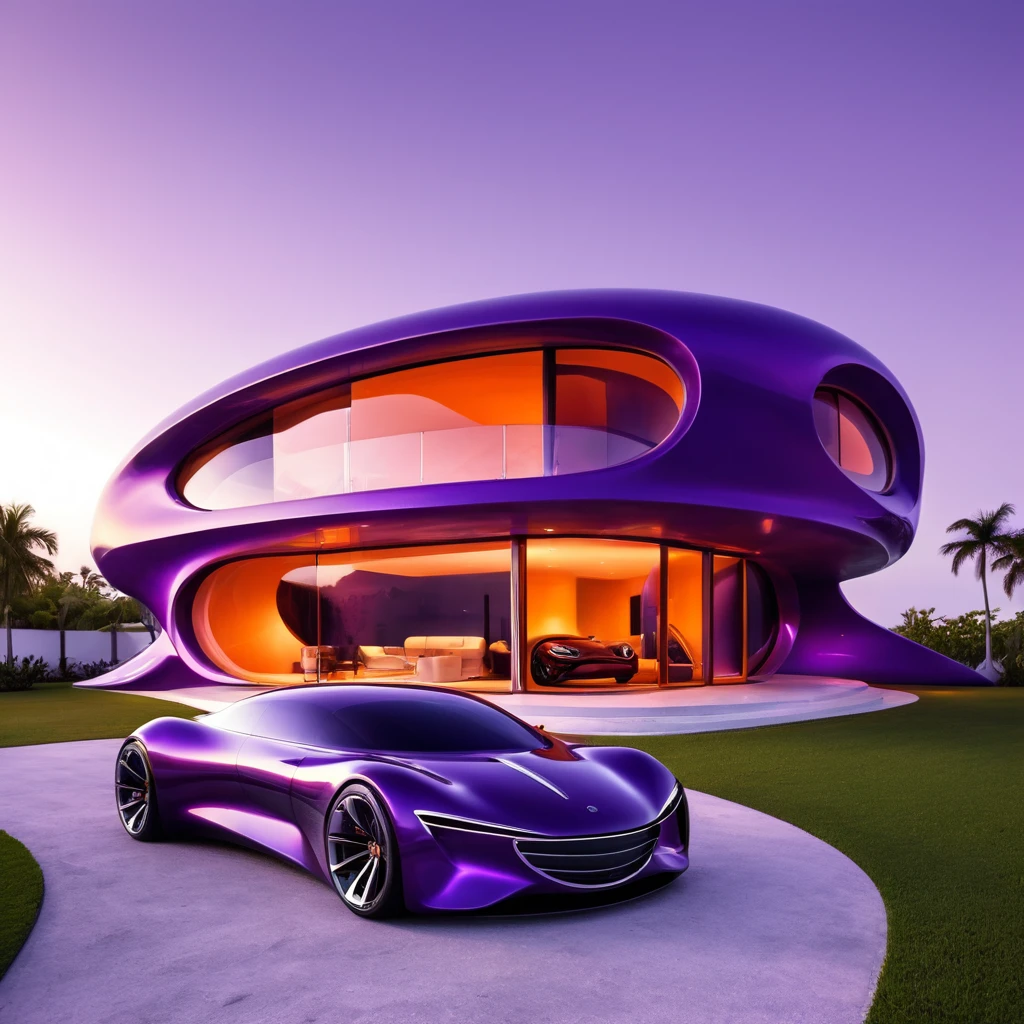a futuristic house with a car parked in front of it, cgsocietywlop, beautiful curves, purple and orange drapes, intricate devilish designs, qualia, interesting shapes & form, wow factor, elaborate polished, architectural rendering, miami, futuristic battlefield, inspired by James E. Brewton, precise architectural rendering