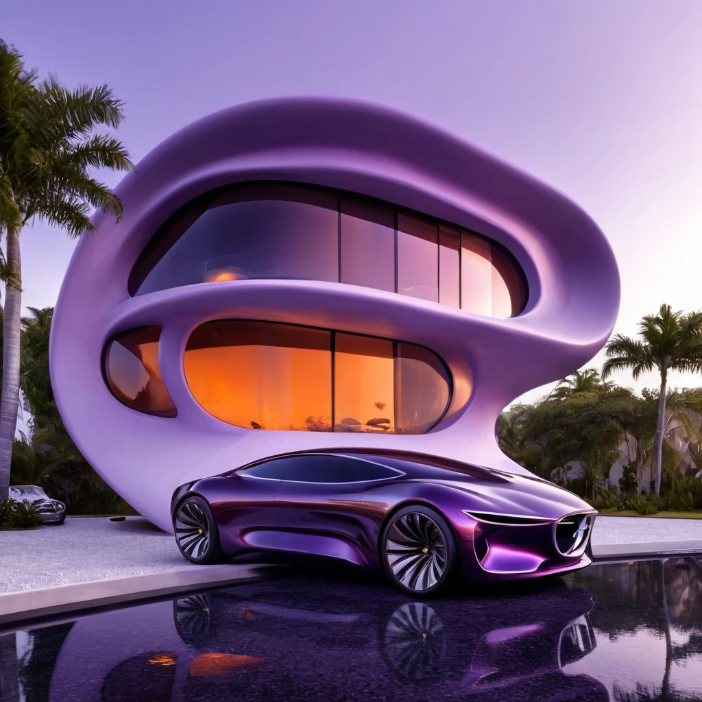 a futuristic house with a car parked in front of it, cgsocietywlop, beautiful curves, purple and orange drapes, intricate devilish designs, qualia, interesting shapes & form, wow factor, elaborate polished, architectural rendering, miami, futuristic battlefield, inspired by James E. Brewton, precise architectural rendering
