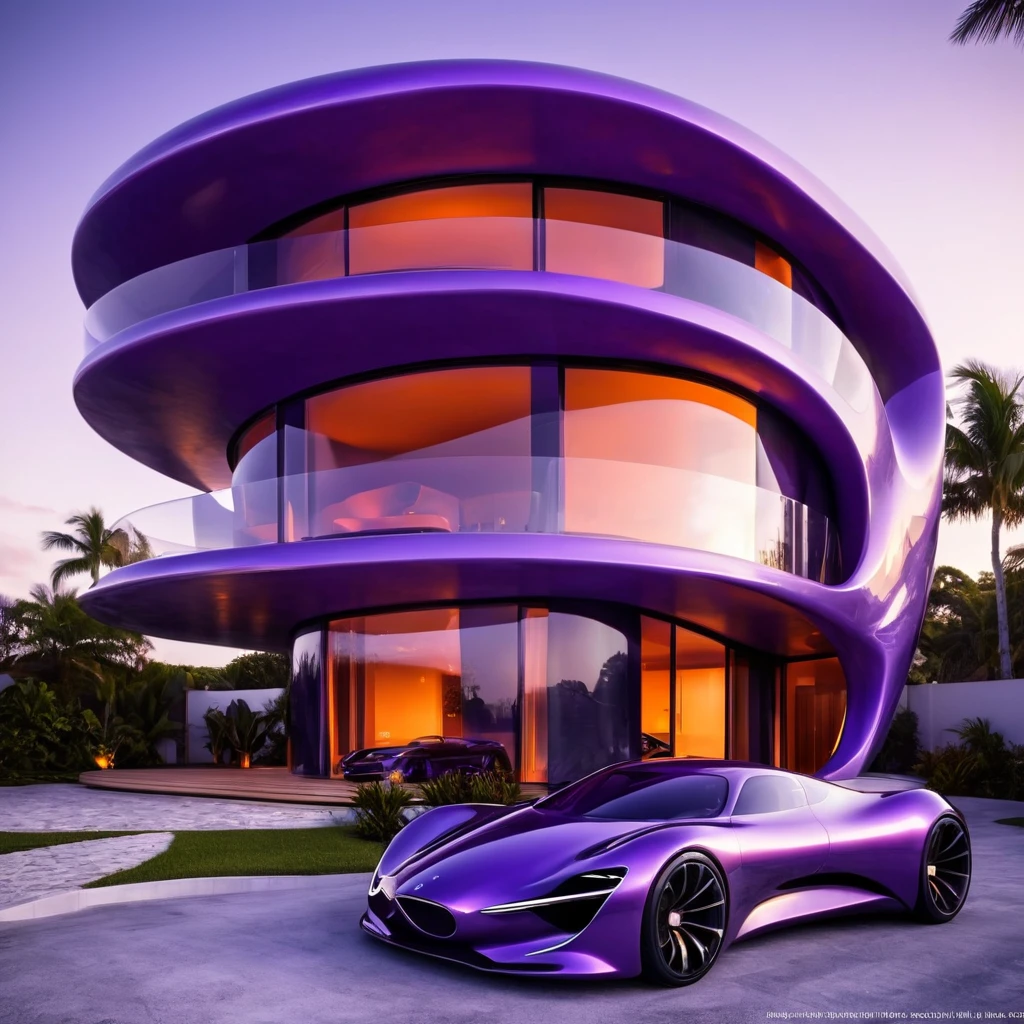 a futuristic house with a car parked in front of it, cgsocietywlop, beautiful curves, purple and orange drapes, intricate devilish designs, qualia, interesting shapes & form, wow factor, elaborate polished, architectural rendering, miami, futuristic battlefield, inspired by James E. Brewton, precise architectural rendering