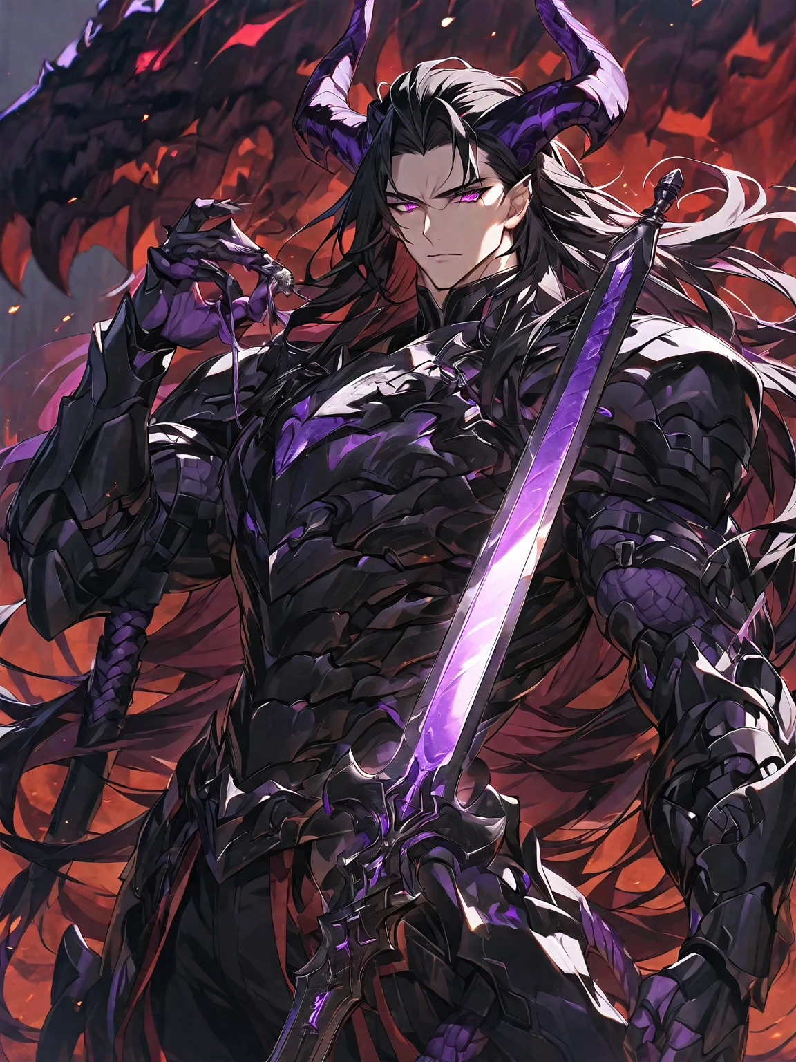 One, handsome, 1 man, with a sporty body, V-shaped body, black detailed armor with glowing purple details, black demonic horns, long hair, black hair, purple with red tones of reptile eyes, purple threads, a man has a big and long sword in his hand, Against the background of war