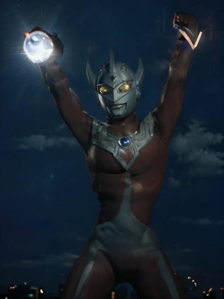 Put arms together and emit rays,40m tall Giant superhero Ultraman Taro,standing on Tokyo Japan in the dark,The same size as the building,tall and slim, portrait, fighting pose, photo high quality, realistic photo, night scene,silver helmet, glass hemisphere on  glows, yellow eyes, forehead lamp glows,martial arts pose, slim body,long limbs,4K
