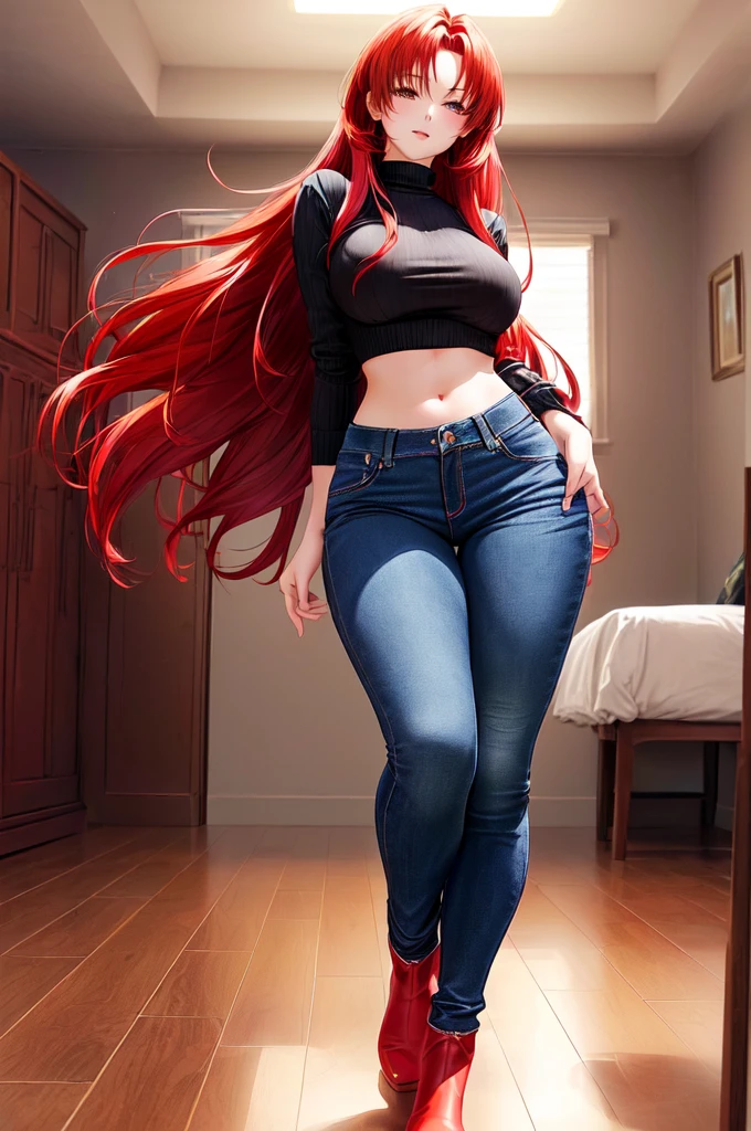 anime girl with red hair and red boots posing in a room, photorealistic perfect body, highly detailed giantess shot, thighs close up, realistic shaded perfect body, accentuated hips, hand on hips, black extremely tight jeans, middle shot waist up, she is dancing. realistic, waist - shot, thighs focus, 4k], 4 k ]