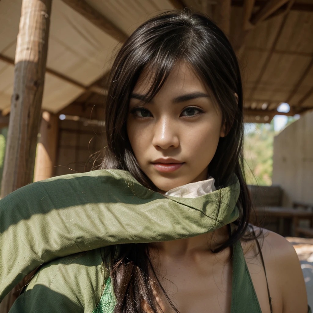Oval face with high cheekbones, a defined jawline is Asian, japanese. His eyes are large and almond, black in color, with long eyelashes and thick, arched eyebrows, nose is small and straight, and she has full, wide lips, hair is black with a green streak on the left side, short and smooth and loose, fair skin with lots of freckles on the nose and rosy cheeks.